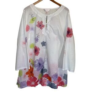 Cacique Top Women 22/24 White Floral Plus Size Tunic‎ Swimsuit Cover Up Summer